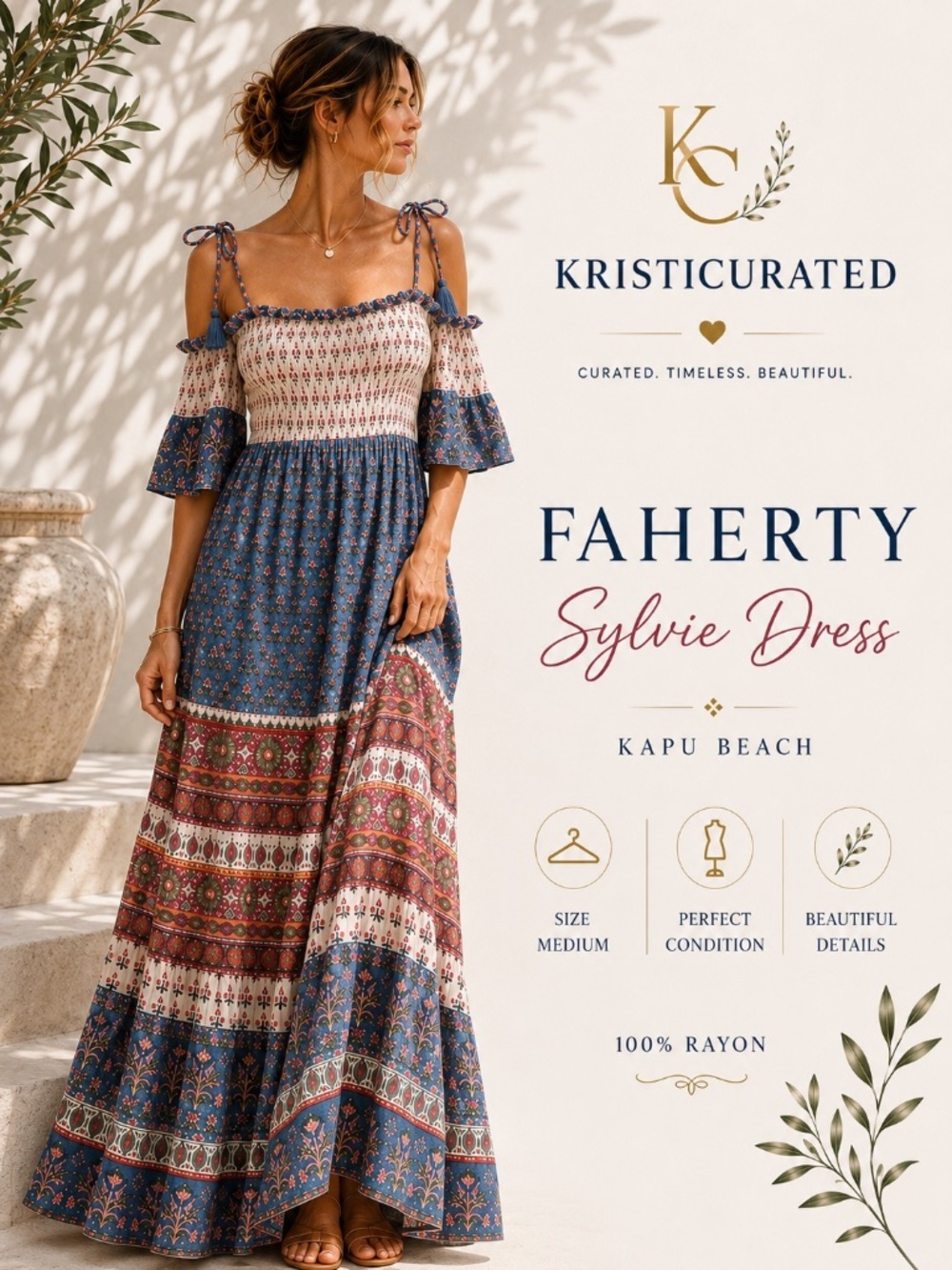 Faherty Sylvie Kapu Beach Floral Smocked Maxi Dress Size M
